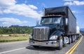 Black day cab big rig semi truck transporting cargo on dry van and flat bed semi trailers driving on the narrow road at sunny day Royalty Free Stock Photo