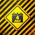 Black Day calendar with date July 4 icon isolated on yellow background. USA Independence Day. 4th of July. Warning sign