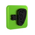 Black Deafness icon isolated on transparent background. Deaf symbol. Hearing impairment. Green square button.