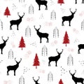 Black deer, dots and red christmas trees on white background. Seamless repeat christmas pattern for print, textile design or paper Royalty Free Stock Photo