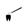 Black dental explorer probe with tooth flat icon.