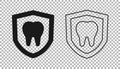 Black Dental protection icon isolated on transparent background. Tooth on shield logo. Vector Royalty Free Stock Photo