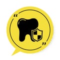 Black Dental protection icon isolated on white background. Tooth on shield logo. Yellow speech bubble symbol. Vector Royalty Free Stock Photo