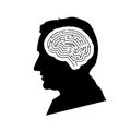 Black detailed mans face profile with maze brain in head on white