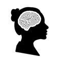 Black detailed woman face profile with maze brain in head on white