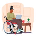 Black Determined Woman In A Wheelchair Works On Laptop With Unwavering Focus. Female Character Freelancer