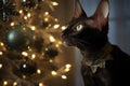 black devon rex cat looking at a golden christmas tree with baubles Royalty Free Stock Photo