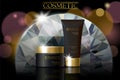 Black diamond cosmetic ad design template. Dark golden skin care package chrystal tube glass reflection. Purple blurry defocuced b