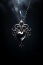 black diamond, necklace with pendant - fantasy ornate intricate - heart shaped - black background Royalty Free Stock Photo