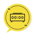 Black Digital alarm clock icon isolated on white background. Electronic watch alarm clock. Time icon. Yellow speech