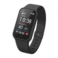 Black digital smartwatch with a rectangular display showing step count, time