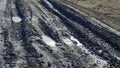 Black dirt road with puddles in ruts.