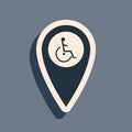 Black Disabled Handicap in map pointer icon isolated on grey background. Invalid symbol. Wheelchair handicap sign. Long Royalty Free Stock Photo