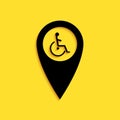 Black Disabled Handicap in map pointer icon isolated on yellow background. Invalid symbol. Wheelchair handicap sign Royalty Free Stock Photo