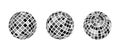 Black disco ball set. Collection of shining spheres in different angles. Turning music globe or planet bundle. Mirror