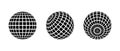 Black disco ball set. Collection of wireframe spheres in different angles. Grid globe or planet bundle. Outline