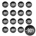 Black discount stickers set with sale percents numbers. From ten to eighty five