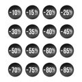 Black discount stickers set with sale percents numbers. From ten to eighty five