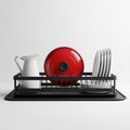 Black Dish Drying Rack With White Pitcher Red Pot And Stacked Plates dish rack kitchenware Royalty Free Stock Photo