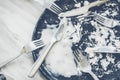 Black dish with fork knife and spoon empty after eat Royalty Free Stock Photo