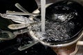 Black dishes and forks in the sink Royalty Free Stock Photo