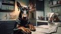Black doberman dog reading and holding a newspaper Royalty Free Stock Photo
