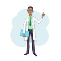 Black doctor talking, in white coat with folder