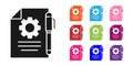 Black Document settings with gears icon isolated on white background. Software update, transfer protocol, teamwork tool Royalty Free Stock Photo