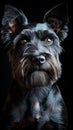 A black dog with a black background and a black and white photo of it Royalty Free Stock Photo
