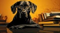 A black dog with glasses and books on a table, AI Royalty Free Stock Photo