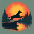 Black dog jumping from a log into water at sunset with forest leaping Royalty Free Stock Photo