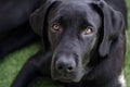 Black dog Labrador retriever closeup face and look, neutral background. beautiful fur, playful and expressive