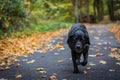 Black dog Labrador Retriever walking in the forest during autumn, dog has green collar, orange leaves are around on the path