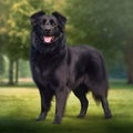 Black dog with long hair, brown eyes, herding breed outside.