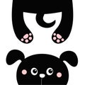 Black dog puppy. Funny face head silhouette looking up. Hanging fat body with paw print, tail. Cute cartoon character. Kawaii pet