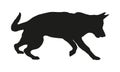 Black dog silhouette. Running german shepherd dog puppy. Pet animals. Isolated on a white background