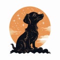 Art Nouveau-inspired Illustration Of A Playful Black Dachshund In The Moon