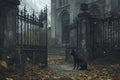 A black dog sits obediently in front of a gate, looking attentively towards the camera, A ghastly dog waiting faithfully at the