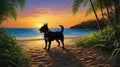 A Black Dog Silhouette on Tropical Beach at Sunset, Relaxing near the sea Royalty Free Stock Photo