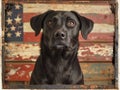A black dog is staring at the camera in front of a red, white Royalty Free Stock Photo