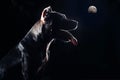 Black dog under The full Moon. American pitbull terrier breed with opened mouth and long tongue, old school ear cut in night time.