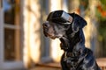 A black dog wearing a virtual reality headset. Generative AI Royalty Free Stock Photo