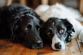 Black dog and white dog lying together on the floor. Generative AI