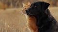 The black dog and the yellow cat are looking ahead together on the grassland.