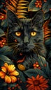 A black Felidae with yellow eyes surrounded by flowers and leaves