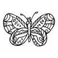 Black doodle decorative ornate butterfly isolated on white background. Royalty Free Stock Photo