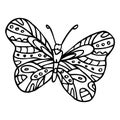 Black doodle decorative ornate butterfly isolated on white background. Royalty Free Stock Photo