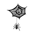 Black doodle Halloween vector design with a cute spider and web. Illustration for kids, celebration, web, print, etc. Royalty Free Stock Photo