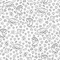 Black doodle moons, clouds and hearts pattern