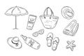 Black doodle set of summer beach items Royalty Free Stock Photo